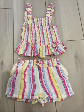 Andy & Evan Pink Yellow Blue Striped Girls Two-Piece Ruffle Set